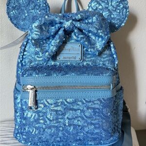 Disney x Loungefly Sparkling Blue Sequin Minnie Mouse Backpack.